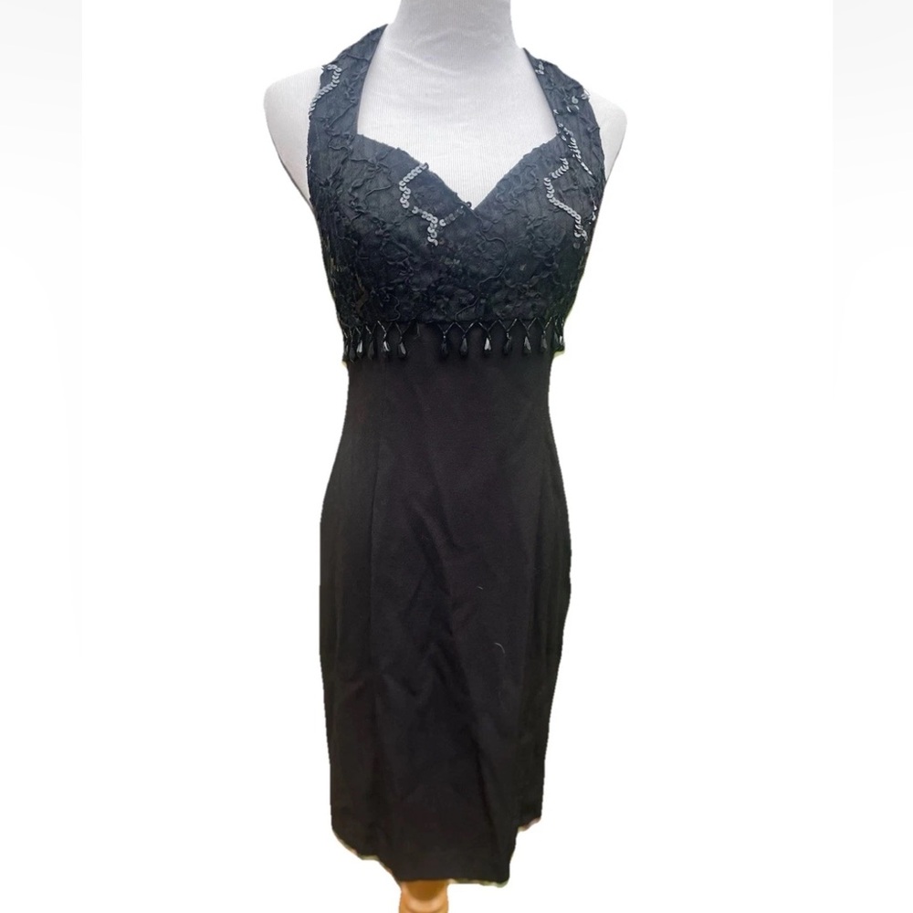 Bari Jay Black Beaded cocktail dress Halter Neck lace Size 5/6